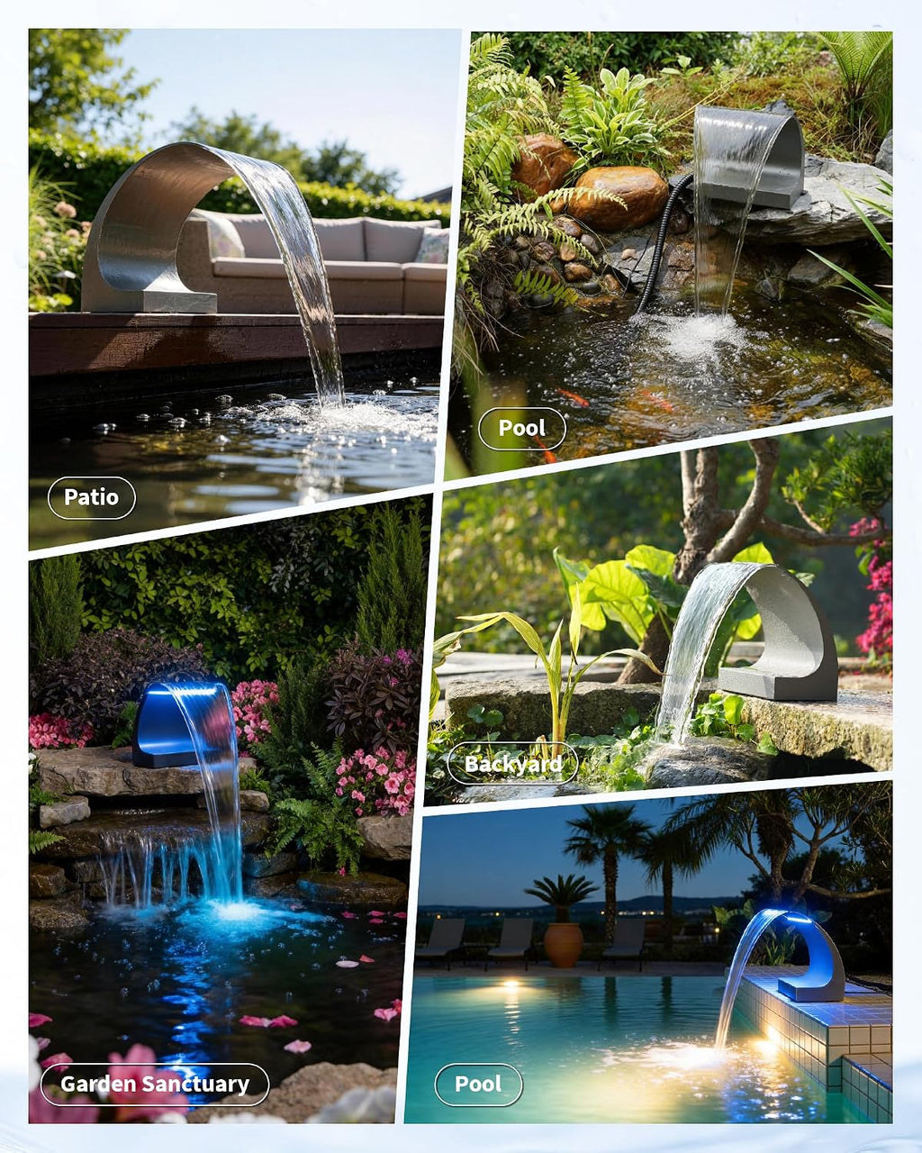 POPOSOAP Pond Waterfall Spillway with LED Lights & 1200GPH Pond Pump, 8Inch Pond Spillway Kit for Garden Ponds, Outdoor Water Feature with App & Remote Control for Backyard Landscape Decoration-P42C