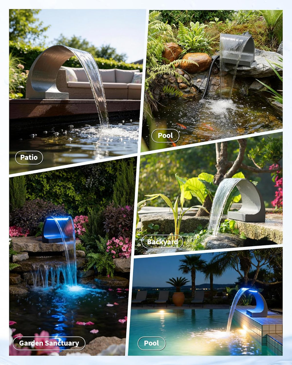 POPOSOAP Pond Waterfall Spillway with LED Lights & 1600GPH Pond Pump, 12Inch Pond Spillway Kit for Garden Ponds, Outdoor Water Feature with App & Remote Control for Backyard Landscape Decoration-P43C