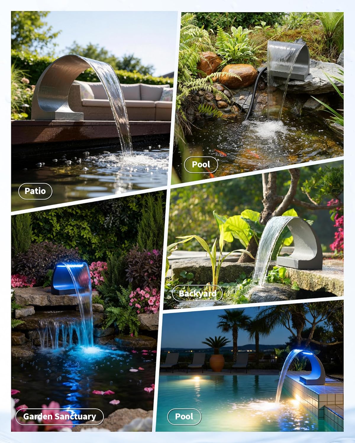 POPOSOAP Pond Waterfall Spillway with LED Lights & 1600GPH Pond Pump, 12Inch Pond Spillway Kit for Garden Ponds, Outdoor Water Feature with App & Remote Control for Backyard Landscape Decoration-P43C