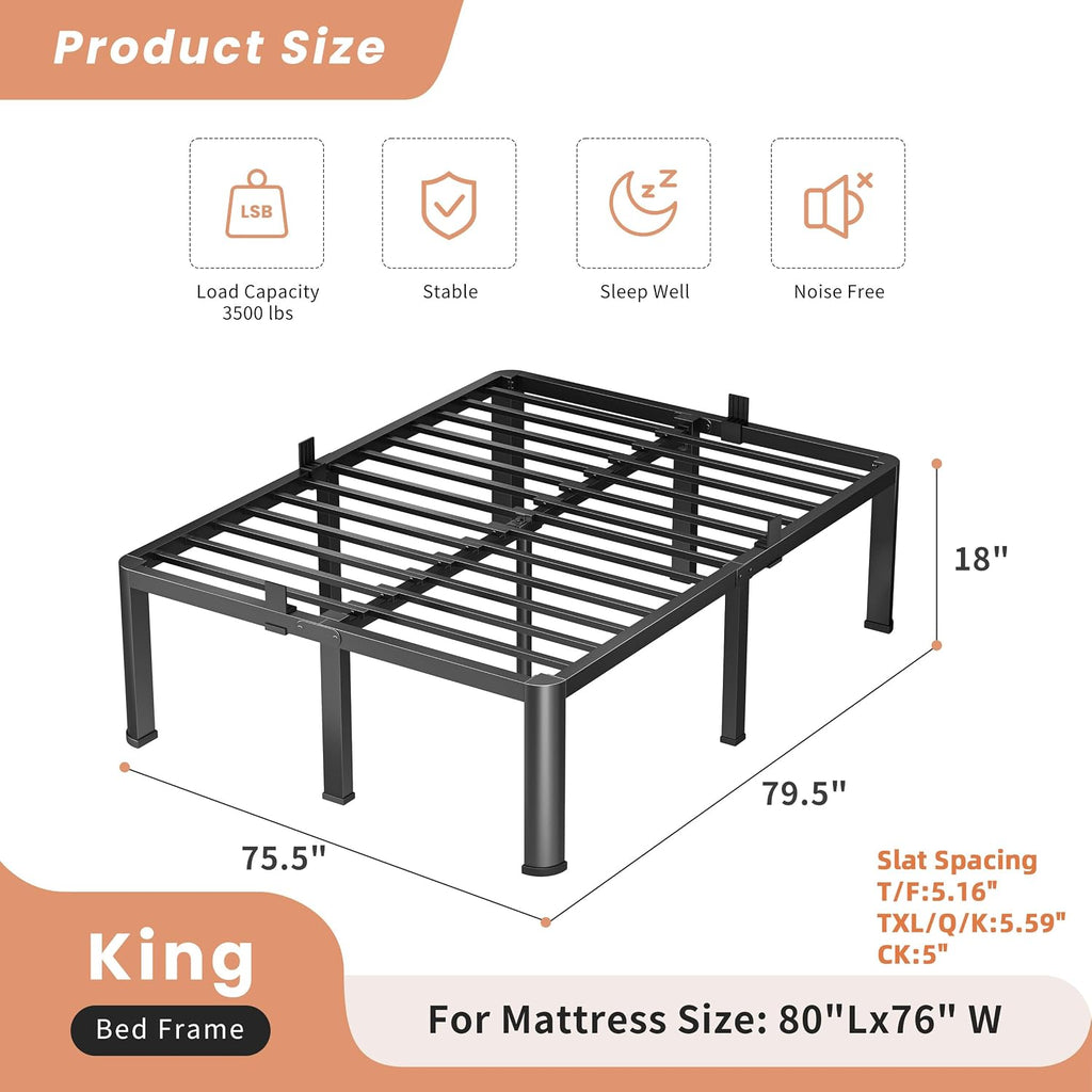 VIPSHOW 18 Inch King Heavy Duty 3500 lbs Bed Frame with Round-Corner Legs & Anti-Squeak Design – Quick Assembly Metal Platform, No Box Spring Needed