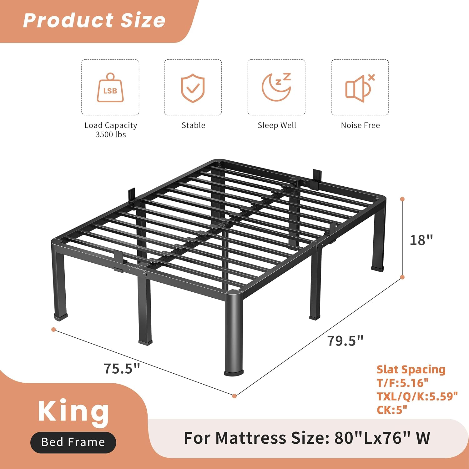 VIPSHOW 18 Inch King Heavy Duty 3500 lbs Bed Frame with Round-Corner Legs & Anti-Squeak Design – Quick Assembly Metal Platform, No Box Spring Needed