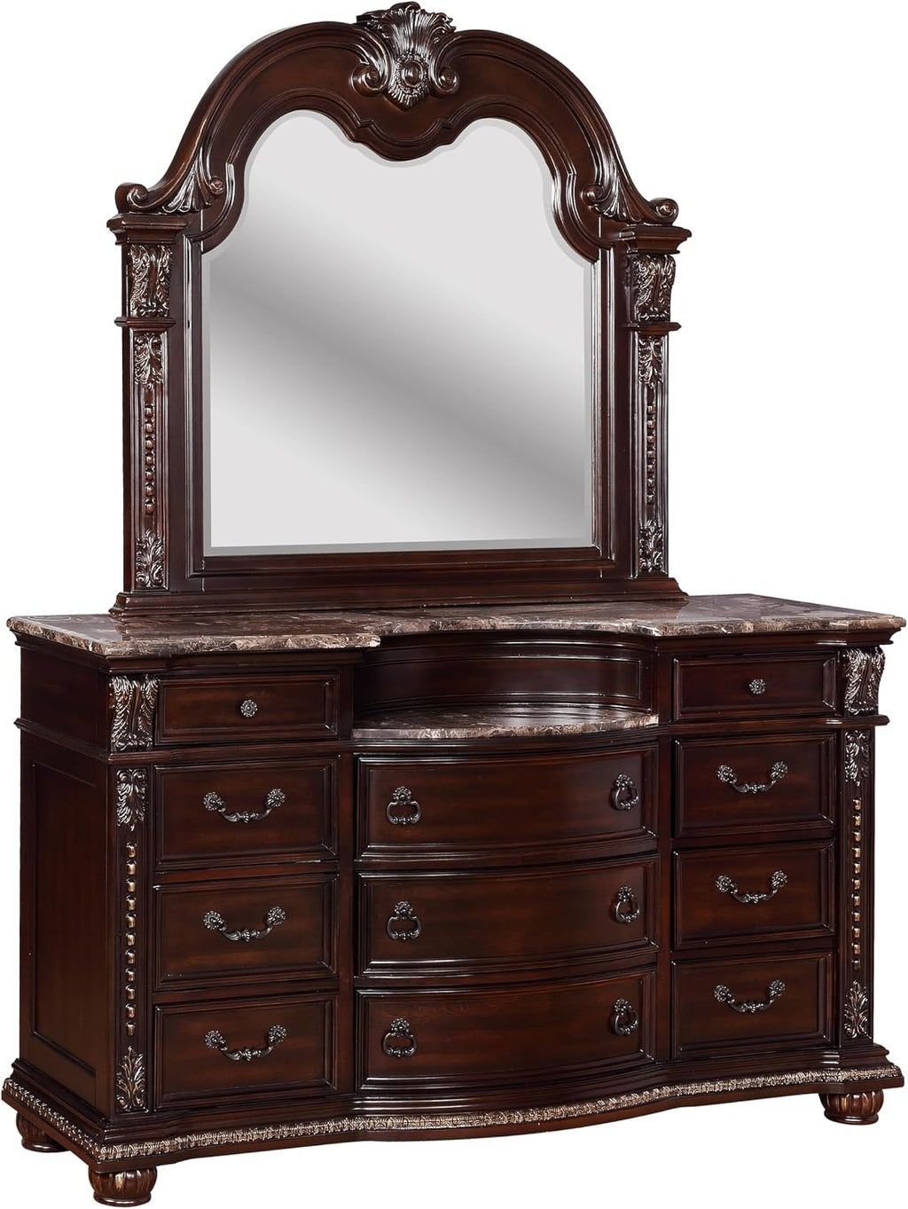Generic Traditional Formal Classic 5pc Set King Size Faux Leather Upholstery Panel Bed Cherry Finish Marble Top Storage Pieces Solid Wood Furniture, Brown, HSB1600-K5pc
