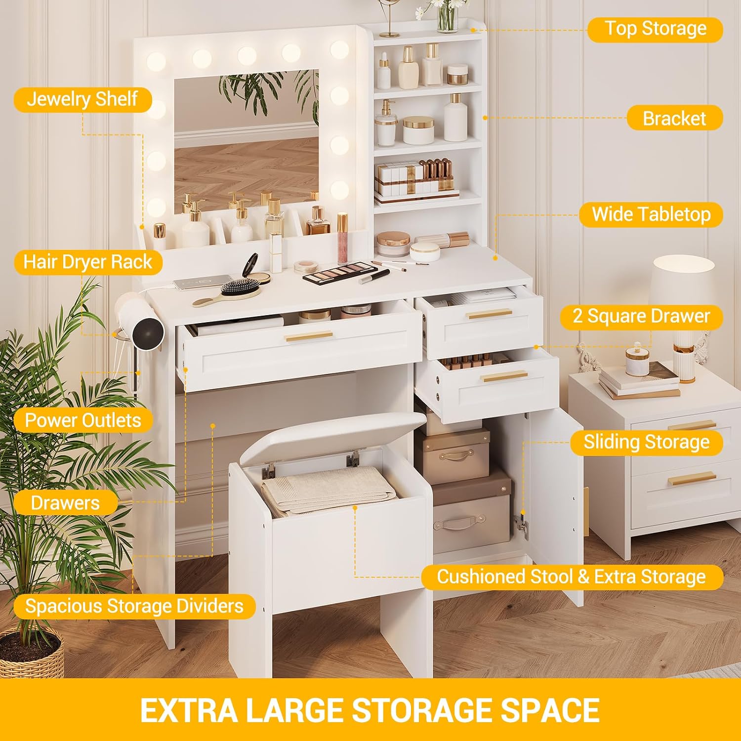 Makeup Vanity with Mirror and Lights, 37' Small Vanity Desk with Power Outlet, 3 Colors & Adjustable Brightness, White Vanity Set with 3 Drawers, Cabinet & Cushioned Chair
