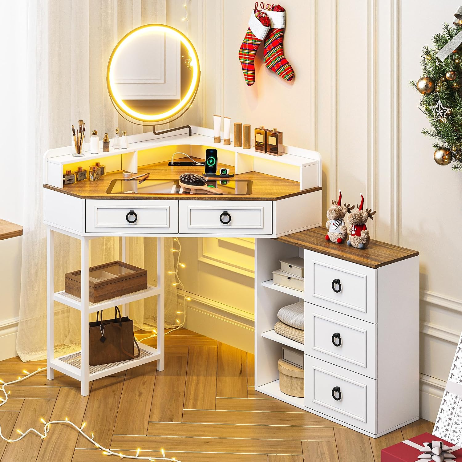 WOOVIVS Corner Vanity Desk with Lighted Rotating Mirror, Glass Top Makeup Table with 5 Drawers, Small Vanitys with Charging Station,Jewelry Organizers for Bedroom,White