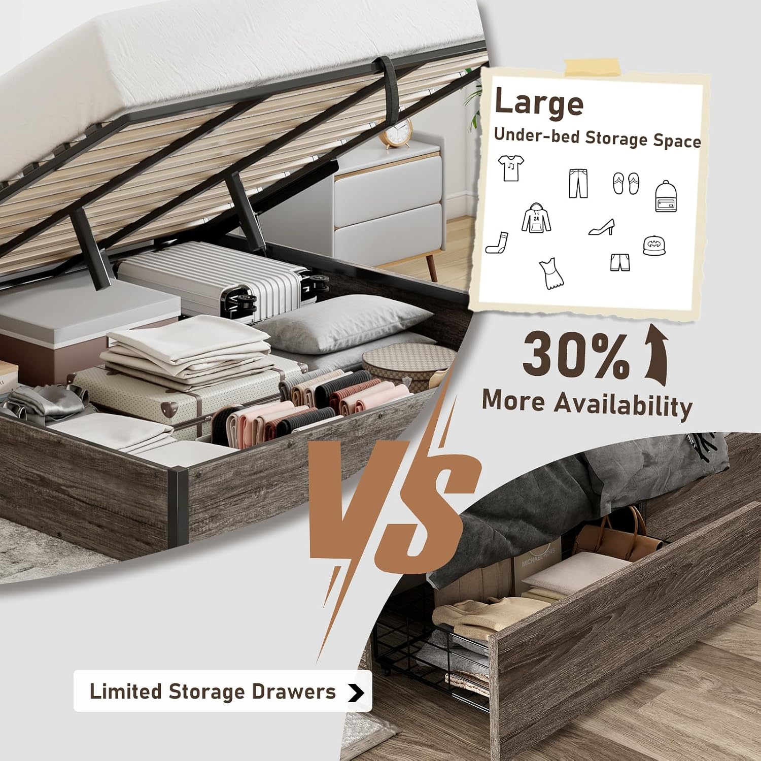 LUXOAK King Size Lift Up Storage Platform Bed Frame, Metal Bed Frame with Wooden Slats Support, No Box Spring Needed, Large Storage Space, Noise Free, Easy Assembly, Rustic Grey