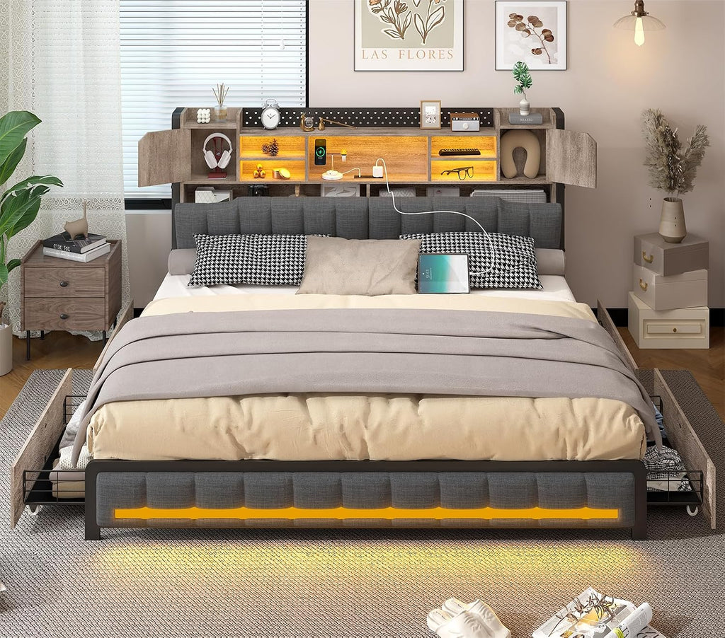 CSZZD King Size Bed Frame and Bookcase Headboard & Storage Drawers, LED Upholstered Platform Bed Frame King Size with USB Charging Station, No Box Spring Needed, Easy Assembly, Oak Gray