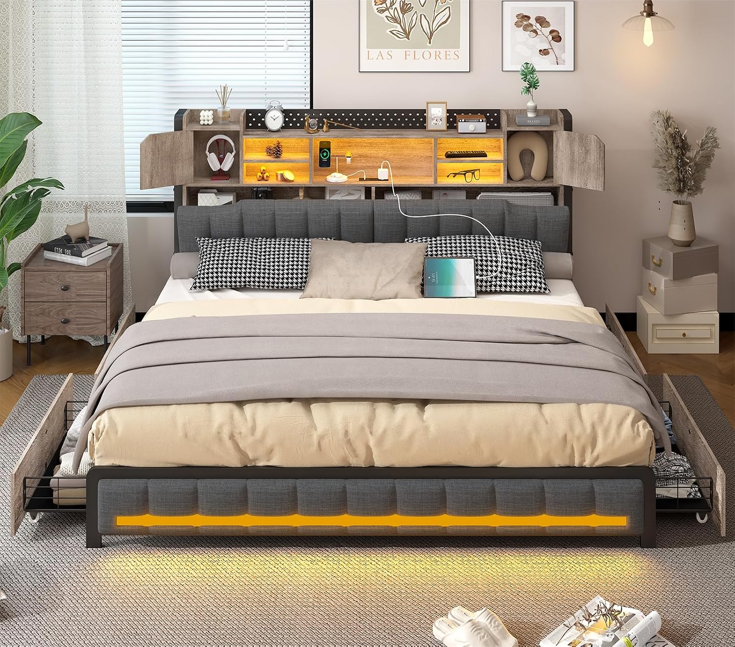 CSZZD King Size Bed Frame and Bookcase Headboard & Storage Drawers, LED Upholstered Platform Bed Frame King Size with USB Charging Station, No Box Spring Needed, Easy Assembly, Oak Gray
