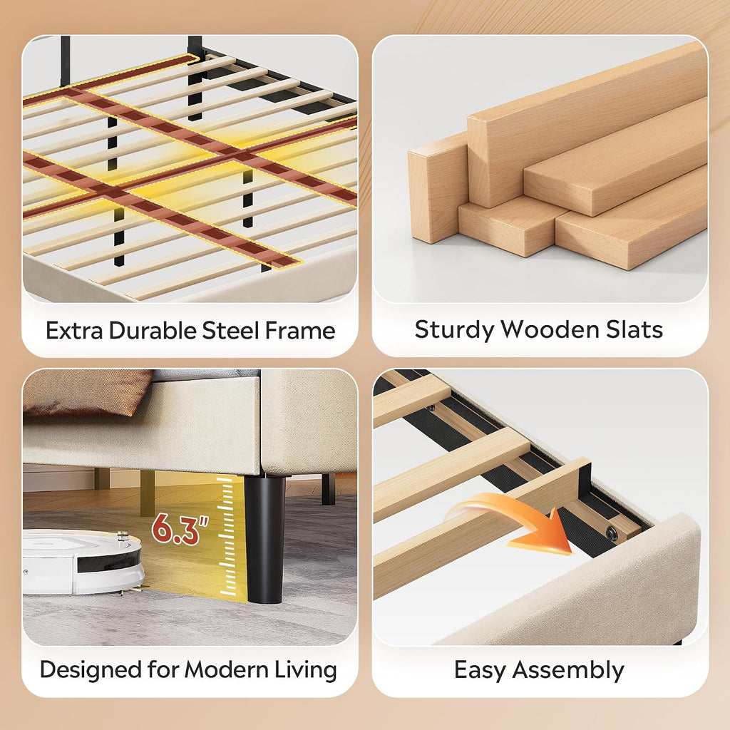 WLIVE Upholstered Bed Frame, King Size Bed Frame with Headboard, Platform Bed with Wood Slats, 1500LBS Mattress Foundation, No Box Spring Needed, Easy Assembly, Velvet Beige