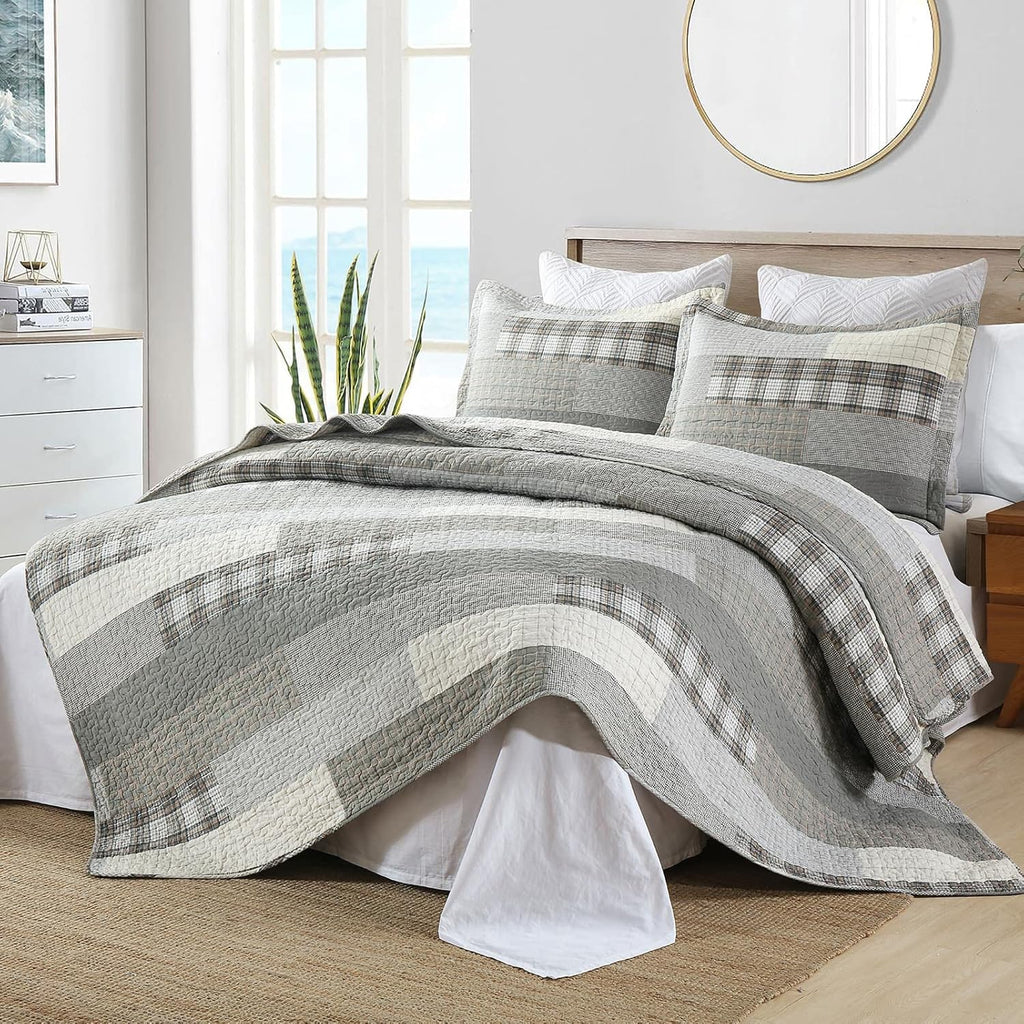 Y-PLWOMEN 100% Cotton King Size Quilt Sets - Soft Plaid King Bedspread, Farmhouse Rustic Lightweight Quilt Bedding Set for All Season, 3-Pieces