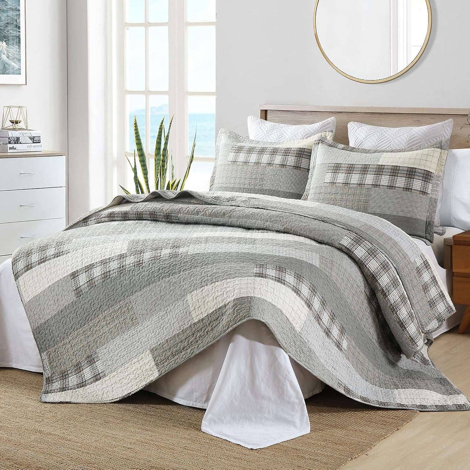 Y-PLWOMEN 100% Cotton King Size Quilt Sets - Soft Plaid King Bedspread, Farmhouse Rustic Lightweight Quilt Bedding Set for All Season, 3-Pieces