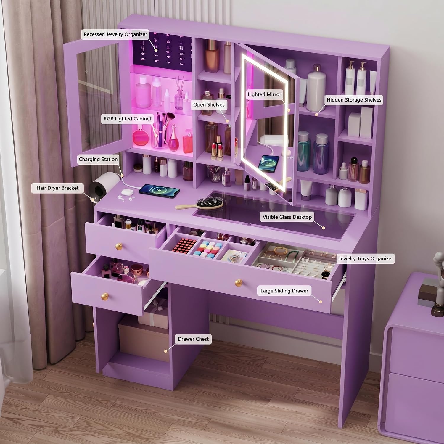 Makeup Vanity Desk with Mirror and Lights, Purple Vanity with Glass Top, Jewelry Storage, Power Outlets, 3 Drawers & 2 Cabinets, Adjustable LED Lighting, Dressing Table for Women & Girls Bedroom
