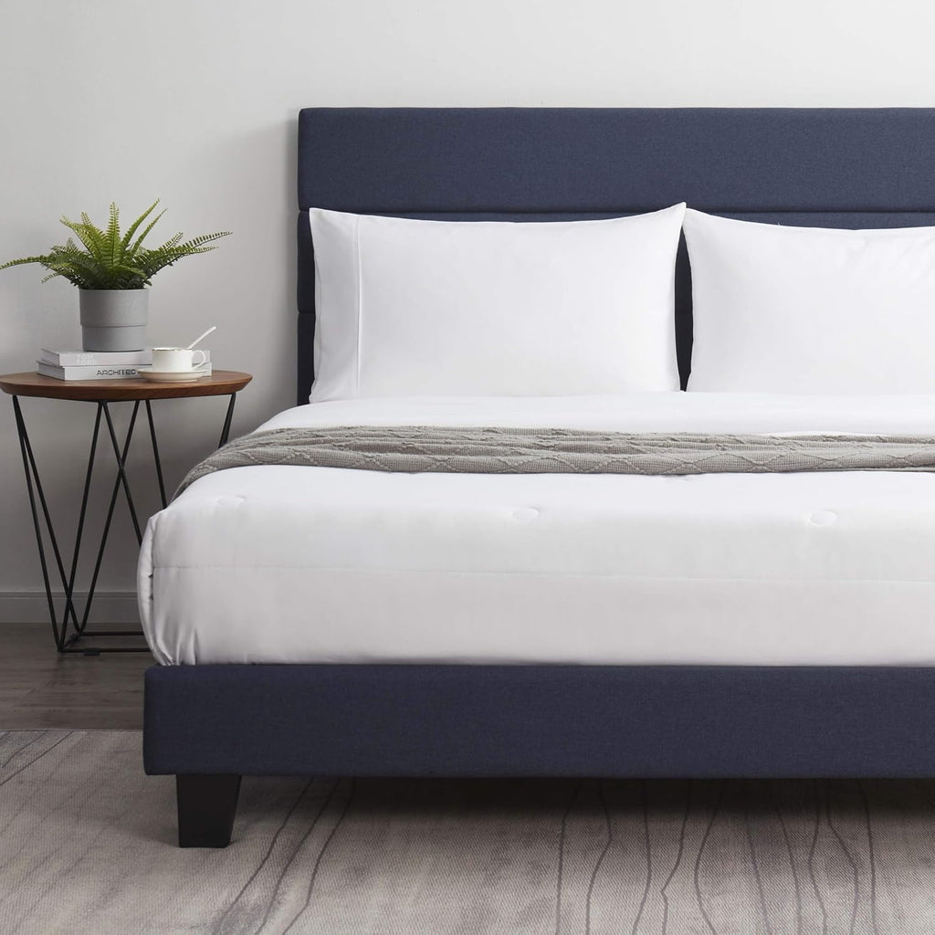 Hearth & Harbor King Bed Frame and Headboard – Linen Horizontal Channel Upholstered King Size Bed Frame, Platform Bed Frame King, Modern Bedframe with Wooden Slats, No Box Spring Needed, Navy