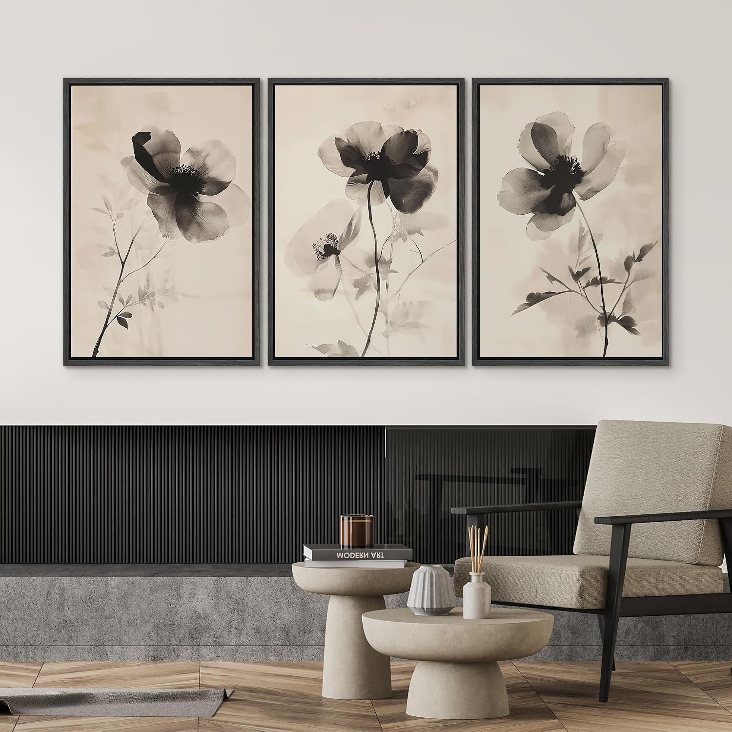 SIGNWIN Framed Canvas Print Wall Art Set Black and White Ink Flowers Minimalist Monochrome Floral Illustrations Modern Art Rustic Scenic Relax/Calm for Living Room, Bedroom, Office - 16'x24'x3 Black