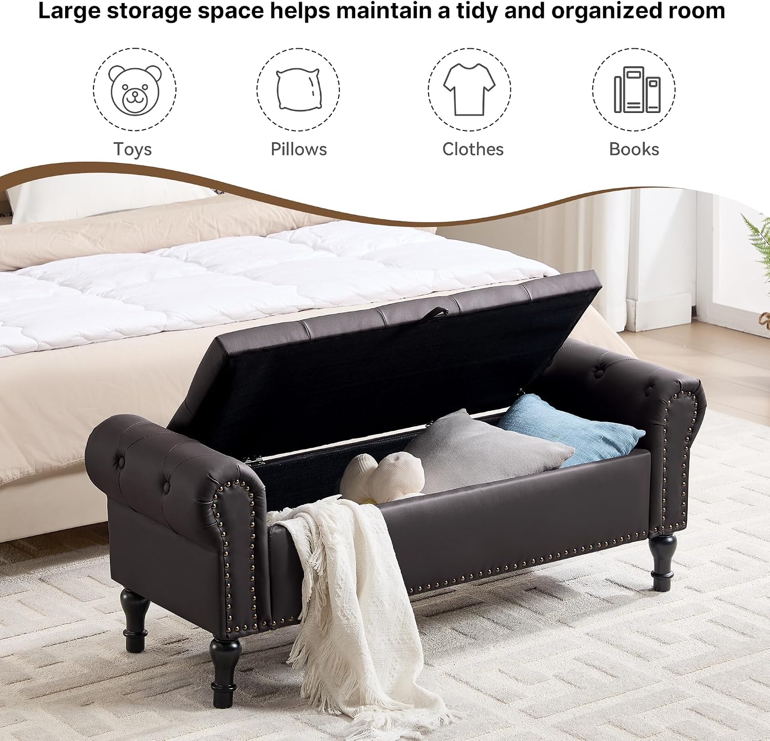 51' Storage Bench for Bedroom, Faux Leather End of Bed Bench, Queen Size Bench with Rolled Arms, Tufted Storage Ottoman Benches, Upholstered Bench for Bedroom, Living Room, Entryway, Dark Brown