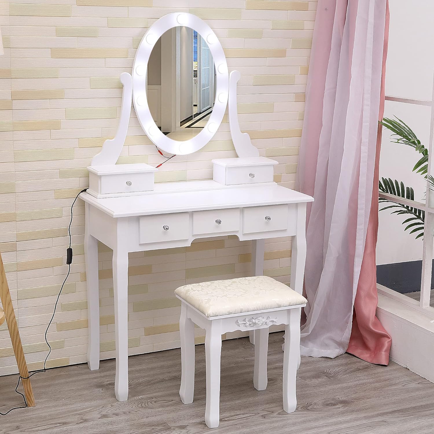 GarveeHome Modern Makeup Vanity, Girls Vanity Set with Lighted Mirror and Cushioned Stool, Make Up Table with 5 Drawers for Bedroom, Dressing Table for Kids Women Girlste