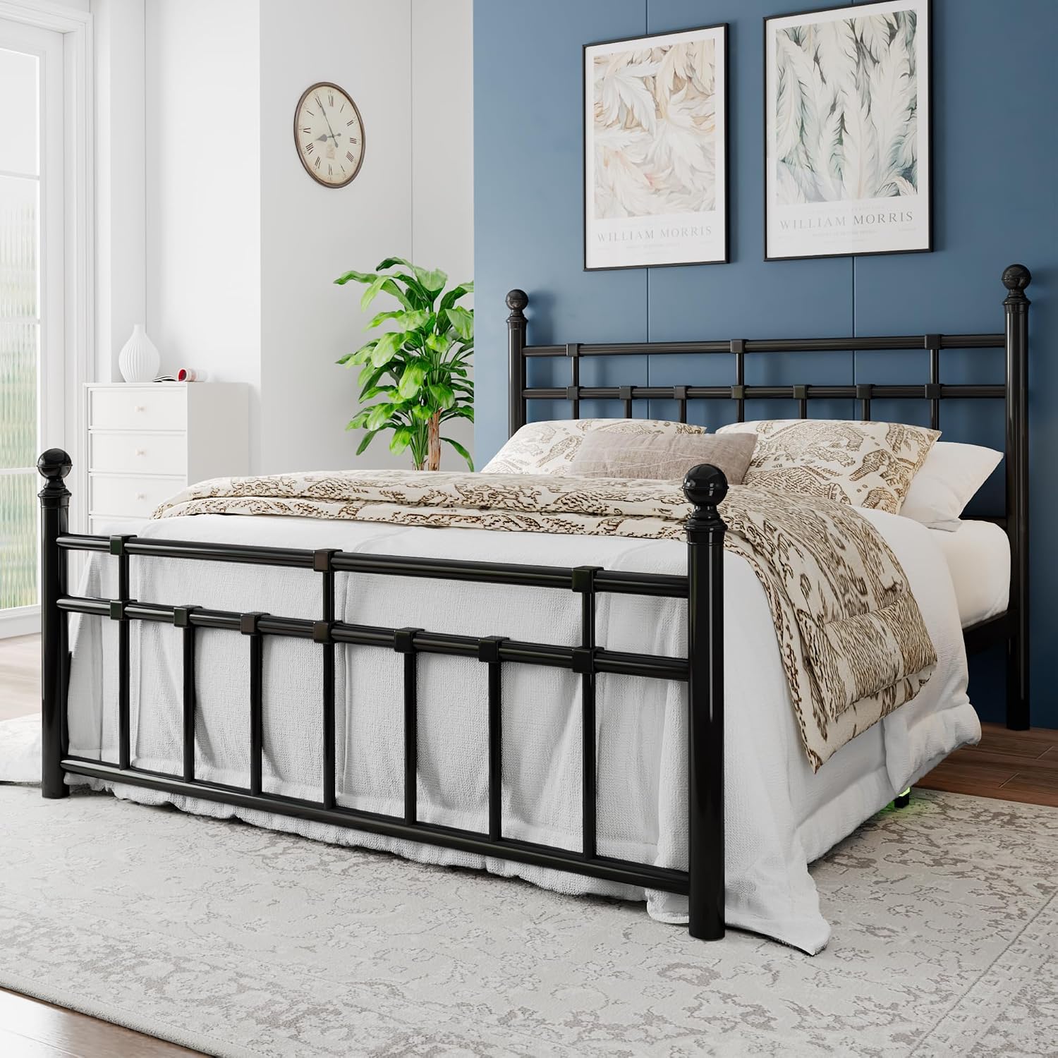 Einhomn Full Size Metal Platform Bed Frame with Victorian Iron-Art Tall Headboard and Footboard, Mattress Foundation for Under Bed Storage/Heavy Duty Steel Slat Supported, No Box Spring Needed, Black