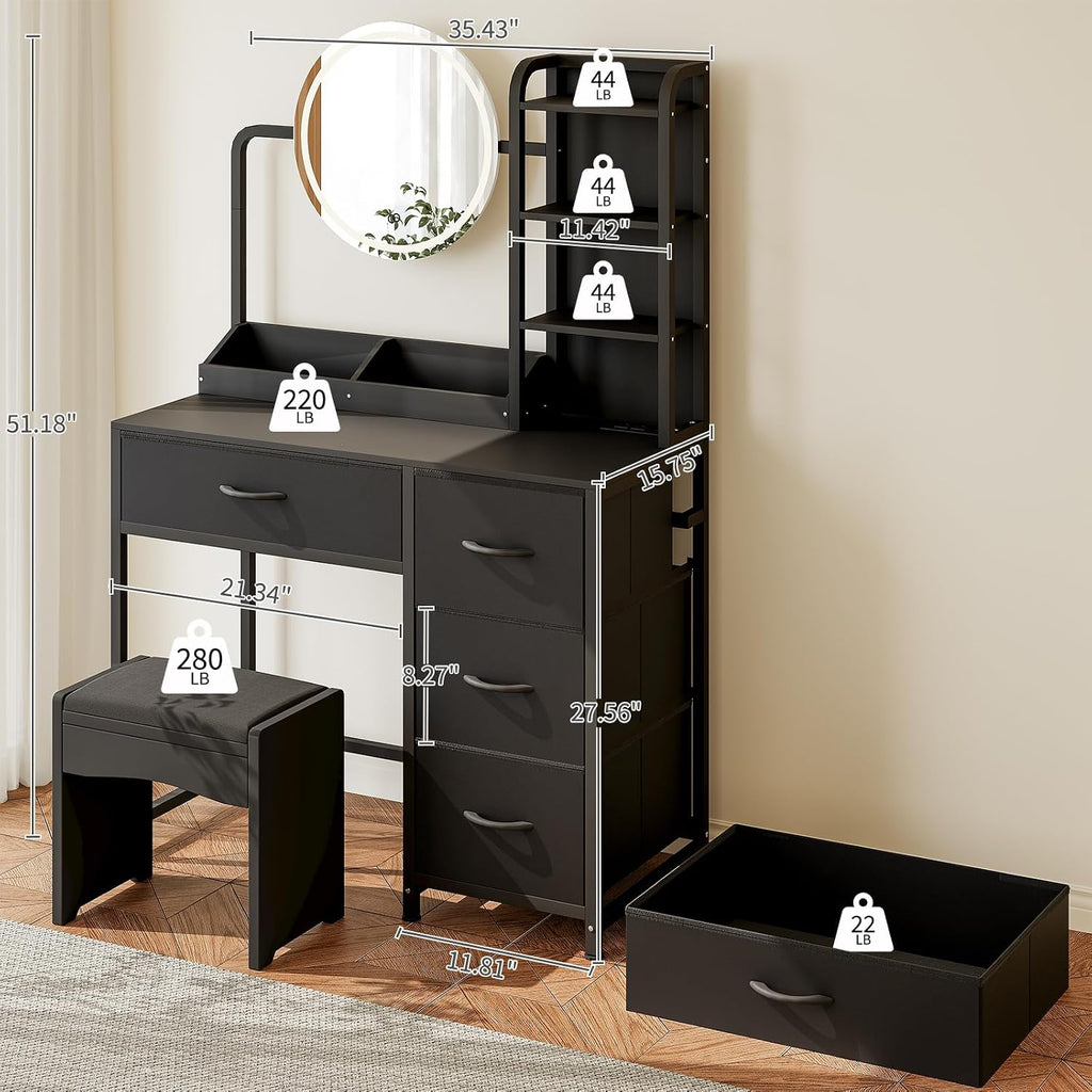 Patikuin Makeup Vanity with LED Mirror & Power Outlet, Small Dressing Table Set with Drawers & Shelves, Vanity Desk for Bedroom Beauty Corner