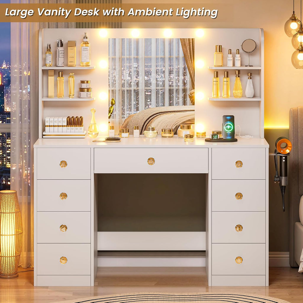 White Vanity Desk With Mirror and LED Lights, 3 Colors Adjustable, Large Makeup Vanity Desk with Power Strip and Hairdryer Holder, 9 Drawers & 6 Shelves Modern Dressing Table for Women, Bedroom