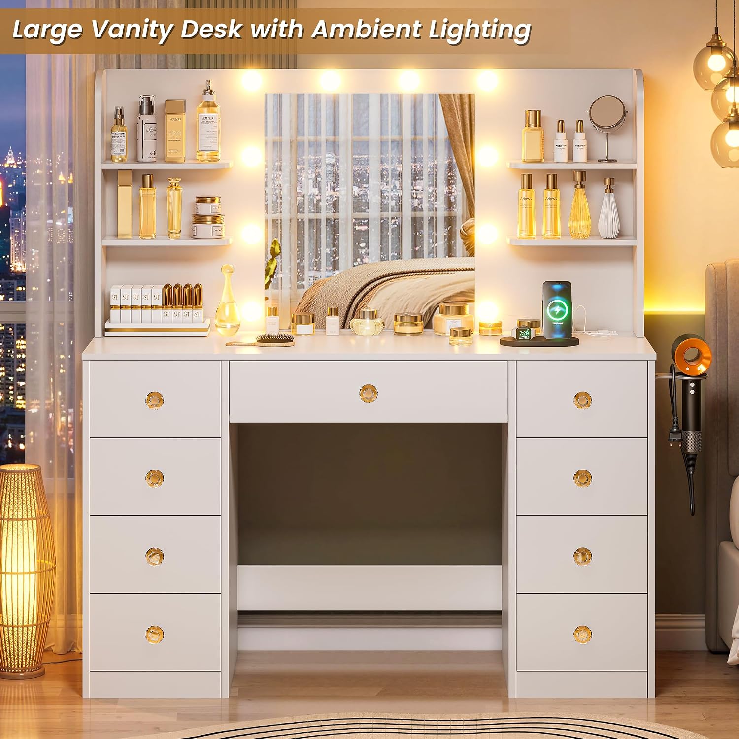 White Vanity Desk With Mirror and LED Lights, 3 Colors Adjustable, Large Makeup Vanity Desk with Power Strip and Hairdryer Holder, 9 Drawers & 6 Shelves Modern Dressing Table for Women, Bedroom