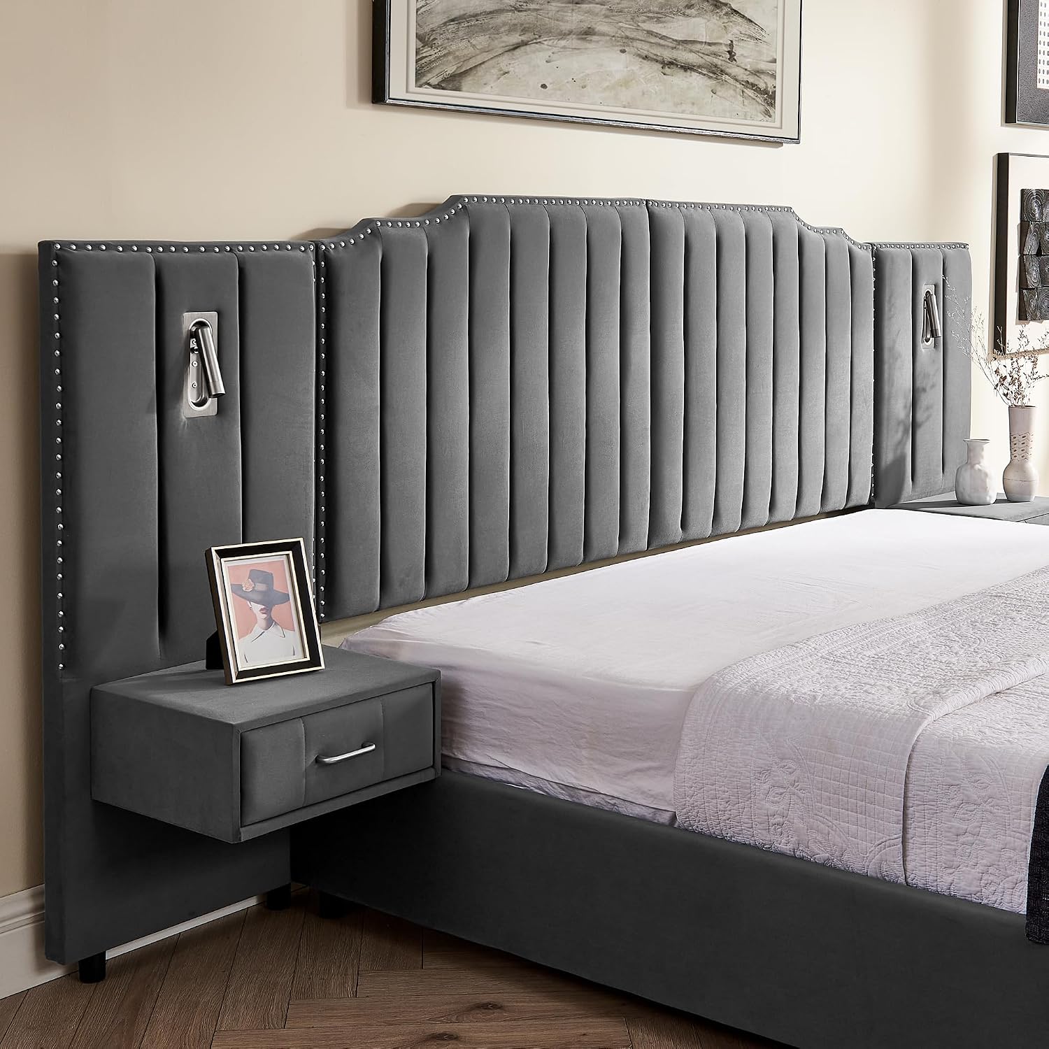 Velvet Upholstered Queen Size Platform Bed Frame with 48' Tall Headboard, Built-in Nightstands & Storage Drawers, No Box Spring Needed, Modern Gray Bedroom Furniture Set (Gray, Queen)