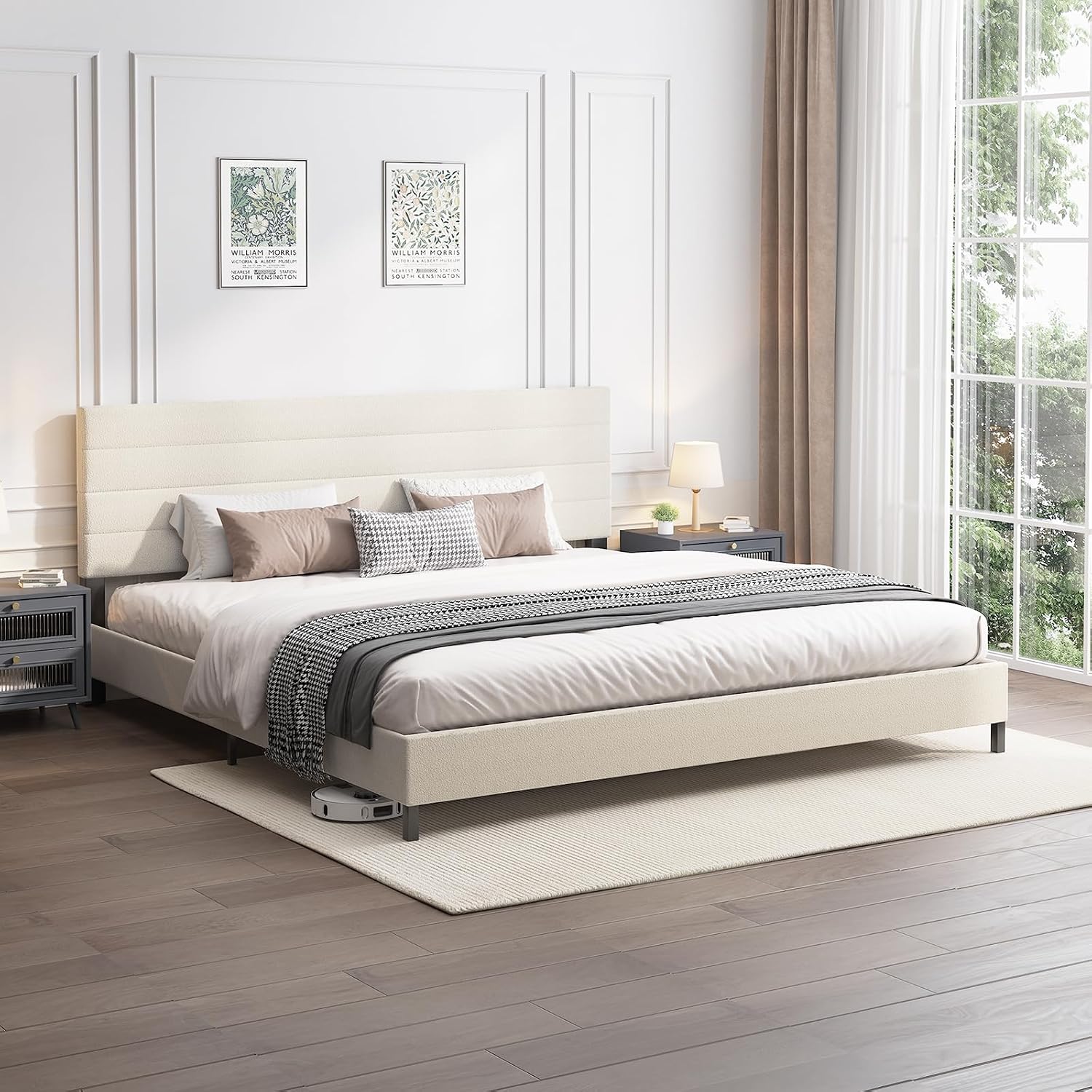 Furnihome King Size Bed Frame, Modern Sherpa Upholstered Bed Frame King with Adjustable Headboard, Wooden Slats Support Platform, No Box Spring Needed,Easy Assembly,Cream