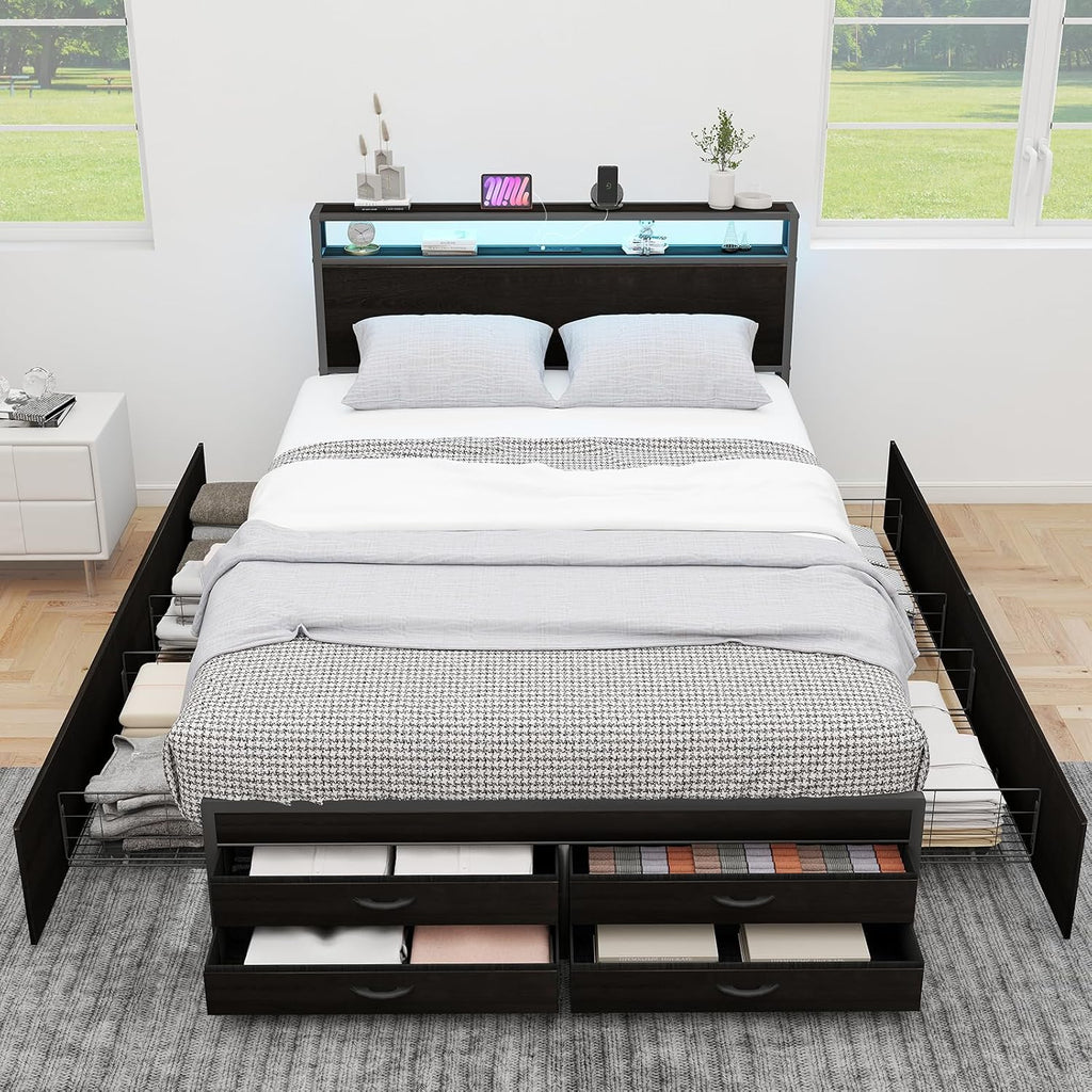 Zevemomo Full Bed Frames with Headboard, Full Size Storage Bed Frame with 8 Drawers, Built-in Charging Ports & Outlets, Adjustable Atmospheric LED Lights, Full-Size Metal Foundation Beds Base, Black
