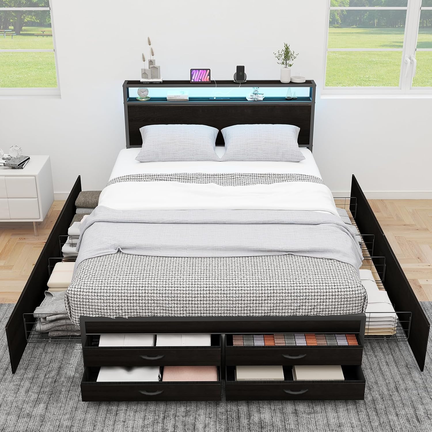 Zevemomo Full Bed Frames with Headboard, Full Size Storage Bed Frame with 8 Drawers, Built-in Charging Ports & Outlets, Adjustable Atmospheric LED Lights, Full-Size Metal Foundation Beds Base, Black