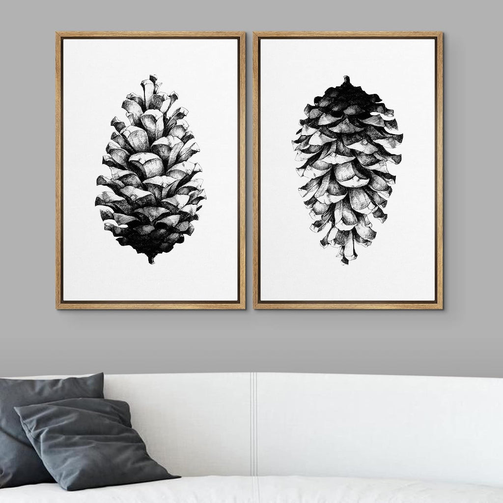 SIGNWIN Framed Canvas Print Wall Art Set Black & White Forest Woodland Pinecone Nature Wilderness Illustrations Modern Art Rustic Relax/Calm for Living Room, Bedroom, Office - 24'x36'x2 Natural