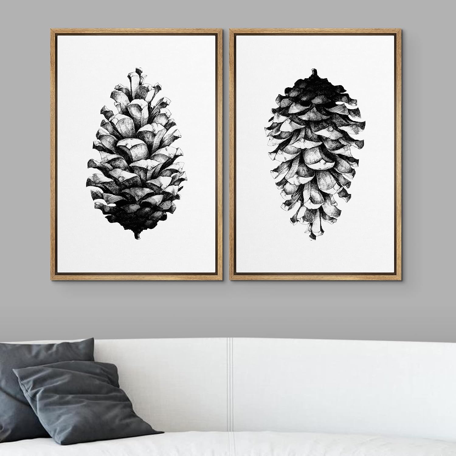 SIGNWIN Framed Canvas Print Wall Art Set Black & White Forest Woodland Pinecone Nature Wilderness Illustrations Modern Art Rustic Relax/Calm for Living Room, Bedroom, Office - 24'x36'x2 Natural