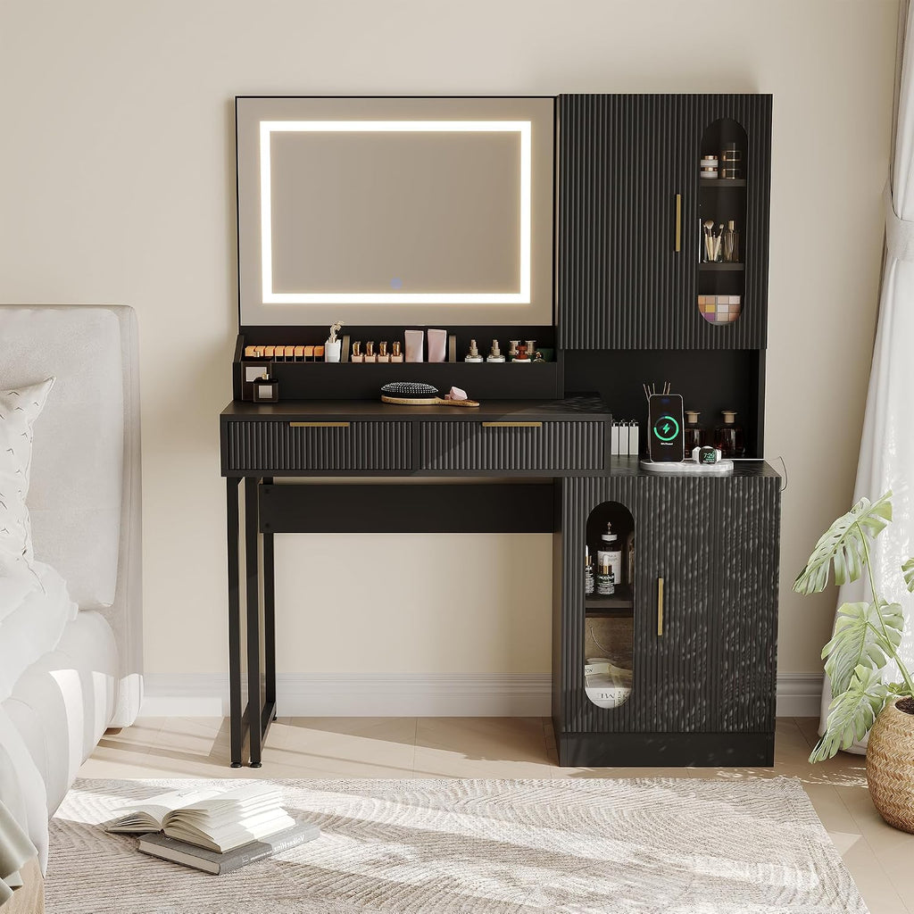 Garvee Fluted Vanity with Mirror and Lights, Wooden Vanity Desk, Makeup Table with Charging Station, Drawers & Storage Cabinets, Black
