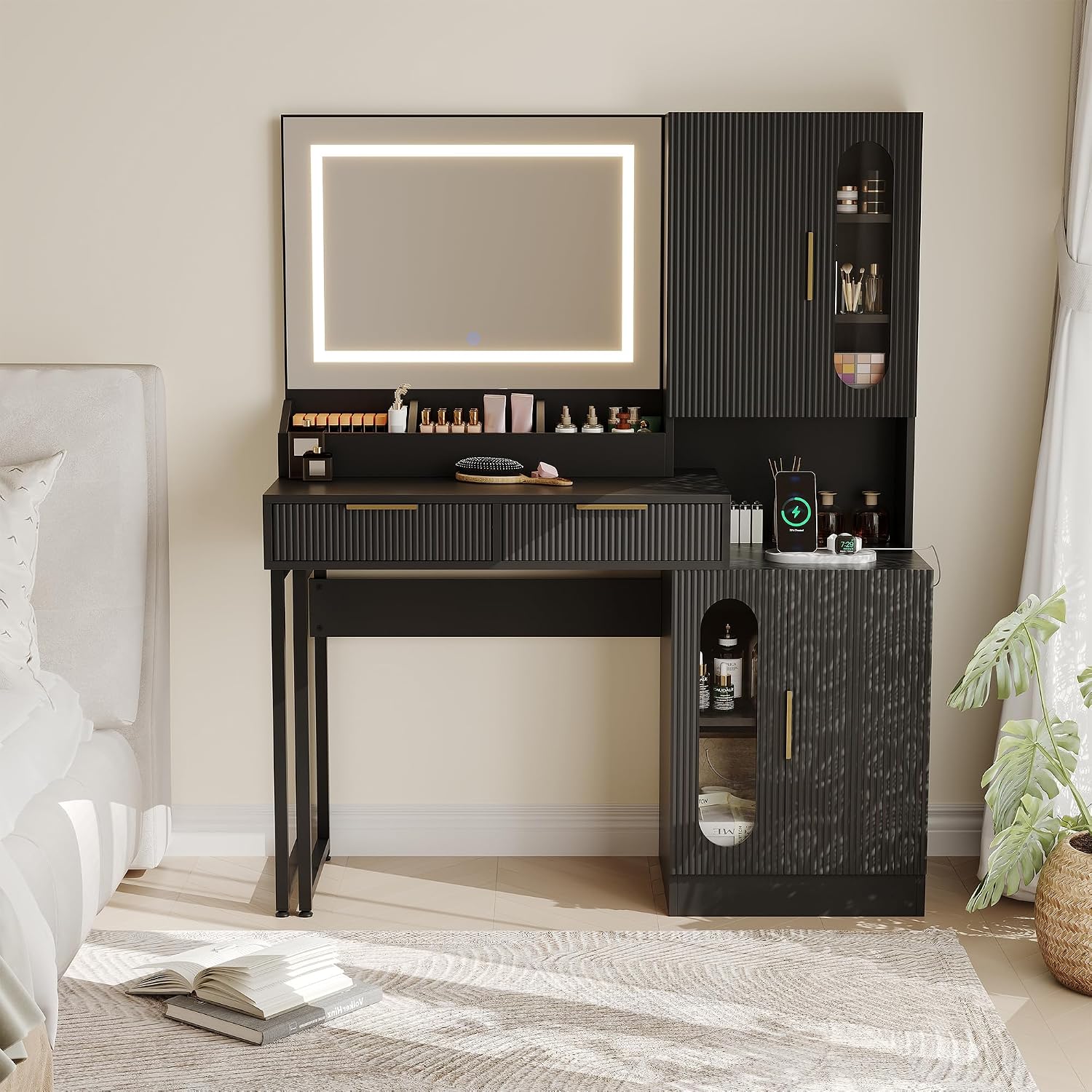 Garvee Fluted Vanity with Mirror and Lights, Wooden Vanity Desk, Makeup Table with Charging Station, Drawers & Storage Cabinets, Black