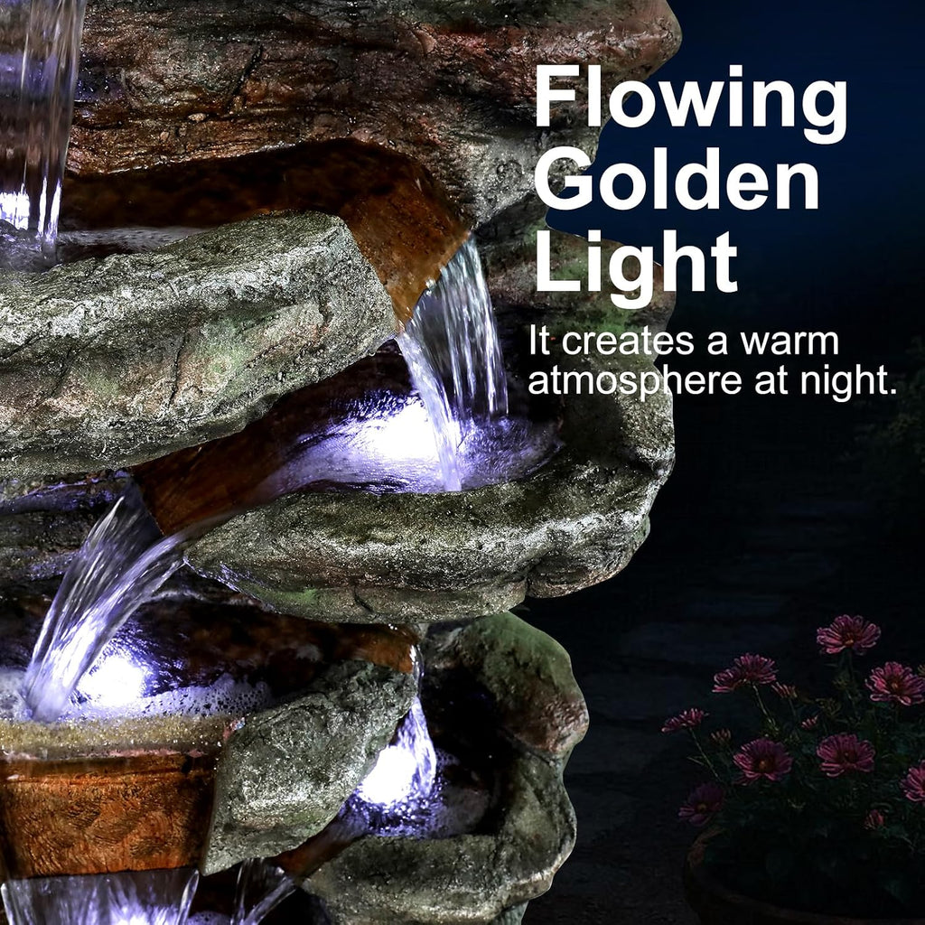 Naturefalls 48' High Outdoor Rock Water Fountain with LED Lights - Mutil-Tiers Poly-Resin Cascading Waterfall Fountain for Garden, Patio, Yard, Home Decor