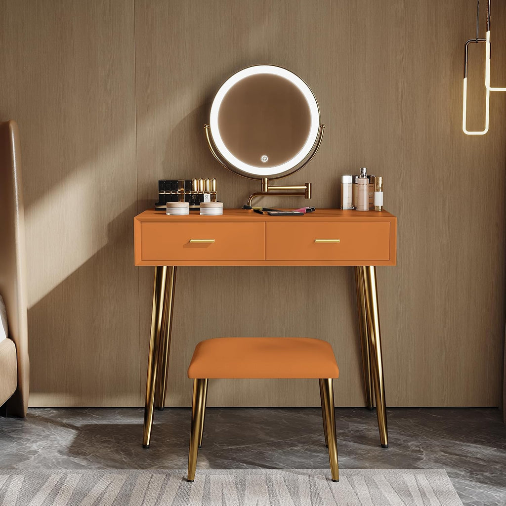 Vanity Desk with Adjustable Mirror and Lights, Makeup Desk with Drawers and Chair, Dressing Table Set with Leather Surface, Small Vanity Table for Bedroom, 3 Lighting Modes (Orange)