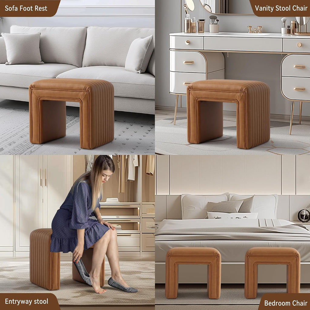 Get Set Style Vanity Stool Chair,Modern Leather Ottoman Foot Stool with Wooden Legs Sofa Bench Footstool Extra Seat for Vanity,Makeup Room,Living Room,Entryway,Office (Fully Assembled)