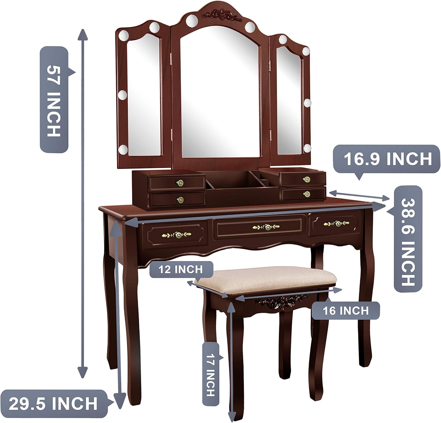 ENSTVER Vintage Vanity Set with 10 Hollywood LED Light Bulbs, Makeup Table with Stool and Mirror, Antique Vanity 6 Organization 7 Drawers, Dressing Table for Bedroom, Victorian Vanity Brown
