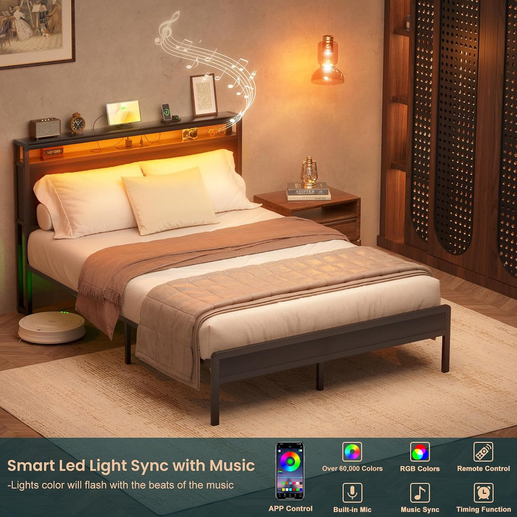 Homieasy Full Size Bed Frame with Headboard, Industrial Metal Full Bed Frame with Charging Station & LED Lights, Noise-Free Platform Bed, No Box Spring Needed, Black