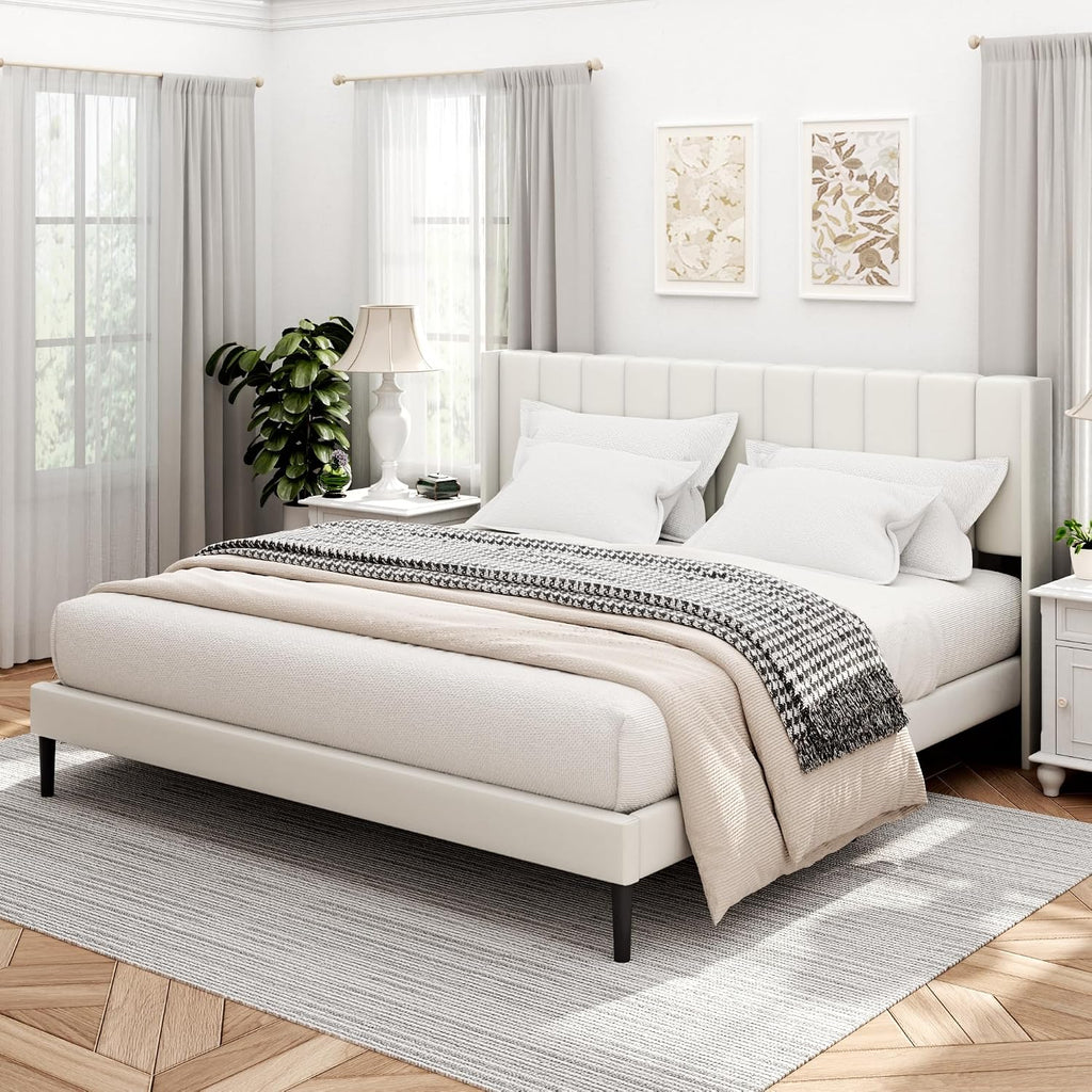 Sismplly King Size Bed Frame and Headboard,Vertical Channel Tufted Wingback No Box Spring Needed, Mattress Foundation, Easy Assembly White