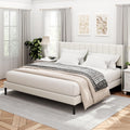 Sismplly King Size Bed Frame and Headboard,Vertical Channel Tufted Wingback No Box Spring Needed, Mattress Foundation, Easy Assembly White