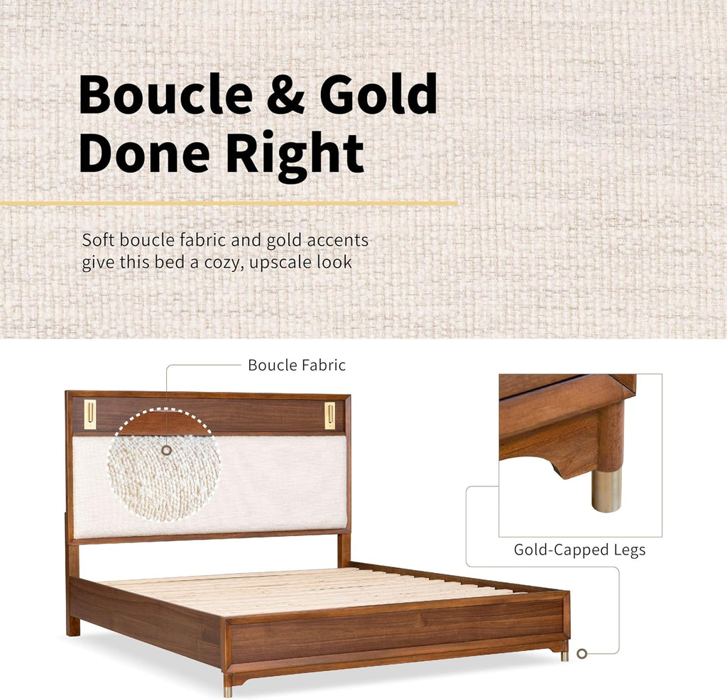 Furniture of America Forma Mid-Century Modern Solid Wood 2-Piece Bedroom Collection, Upholstered Bed Frame with LED Reading Light and Nightstand with Power Ports, No Box Spring Needed, Walnut, Queen