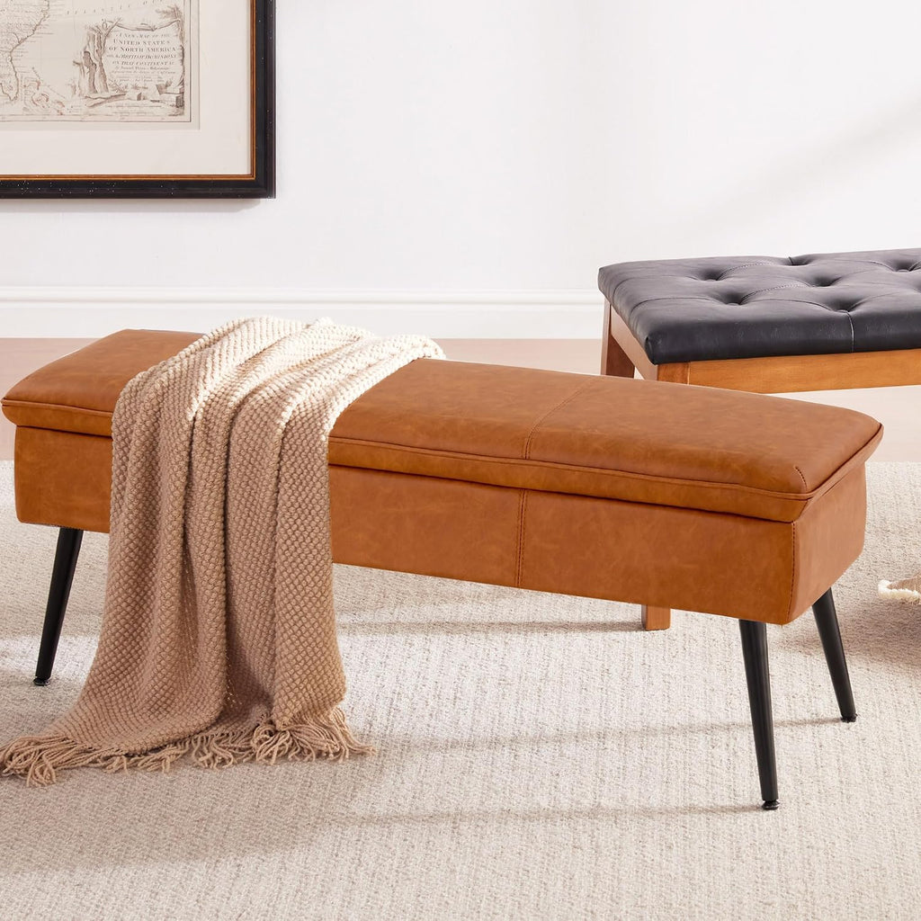 Ottoman with Storage Bench, End of Bed Bench with Flipping Lid, Mid-Century Modern & Faux Leather with Stitching, Loads 660 lb, for Living Room, Bedroom, Entryway, Cognac Brown