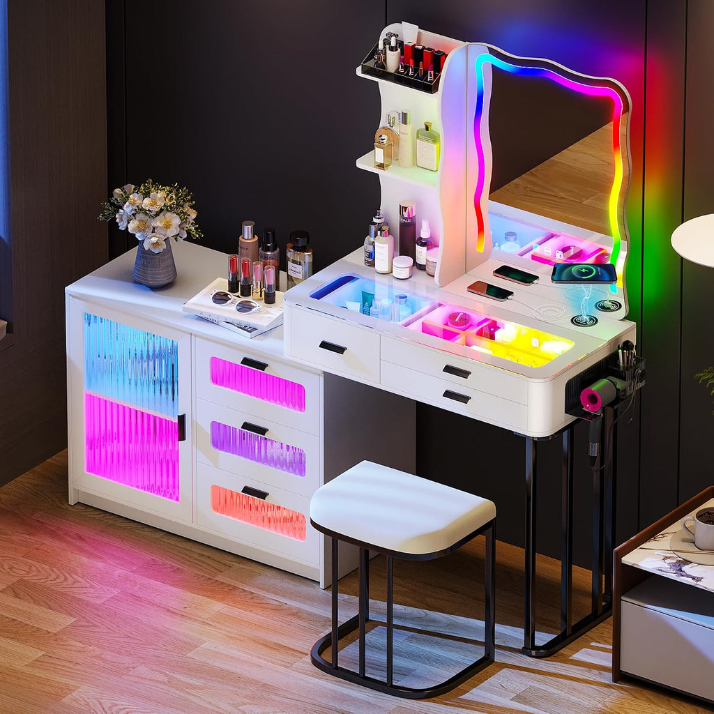 Lvifur RGB Make up Vanity Desk with Lights, Glass Top Vanity Table with 24 Color Dimmable Lights, Large Vanity Set with 8 Drawers, Dressing Table with Cushioned Stool
