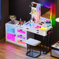 Lvifur RGB Make up Vanity Desk with Lights, Glass Top Vanity Table with 24 Color Dimmable Lights, Large Vanity Set with 8 Drawers, Dressing Table with Cushioned Stool