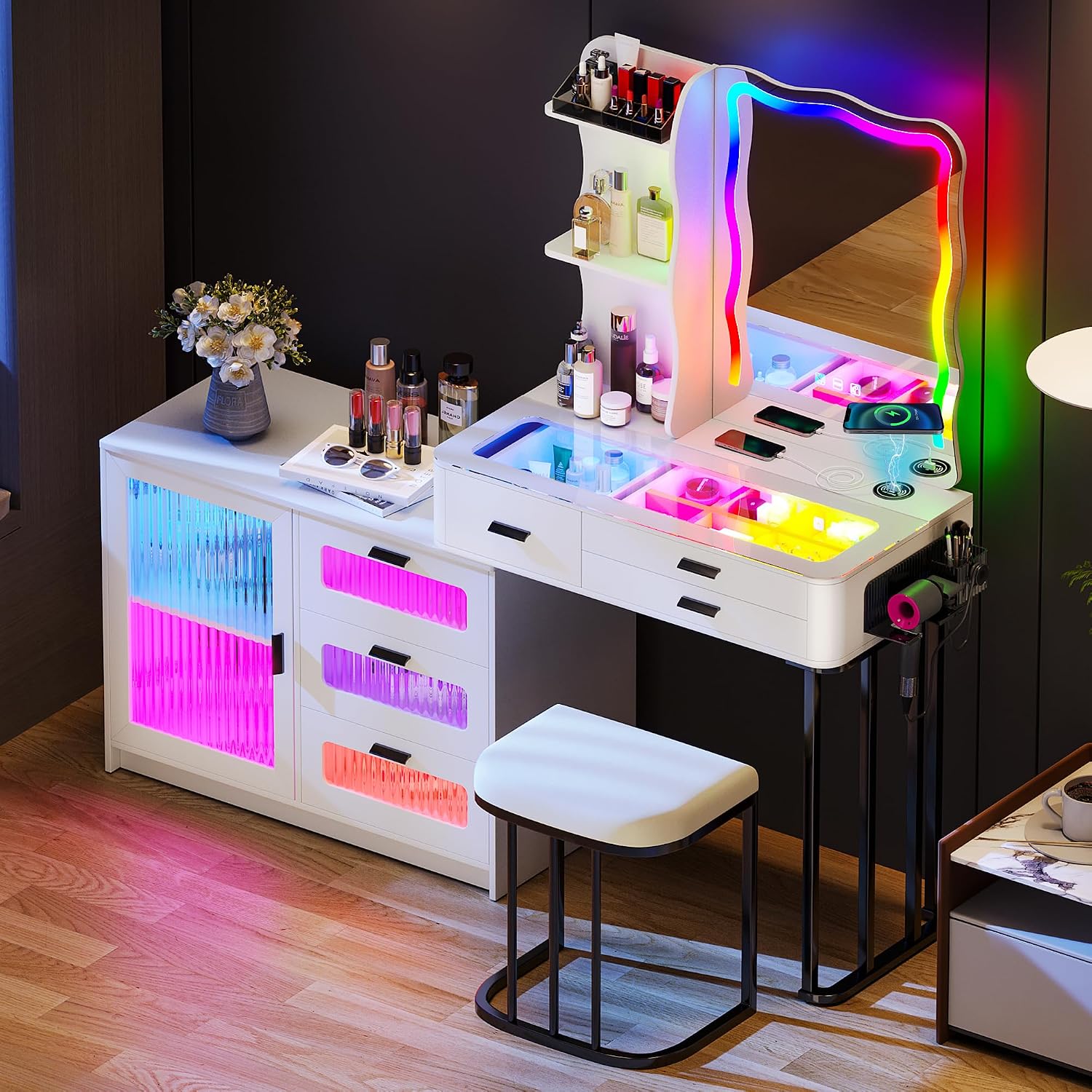 Lvifur RGB Make up Vanity Desk with Lights, Glass Top Vanity Table with 24 Color Dimmable Lights, Large Vanity Set with 8 Drawers, Dressing Table with Cushioned Stool