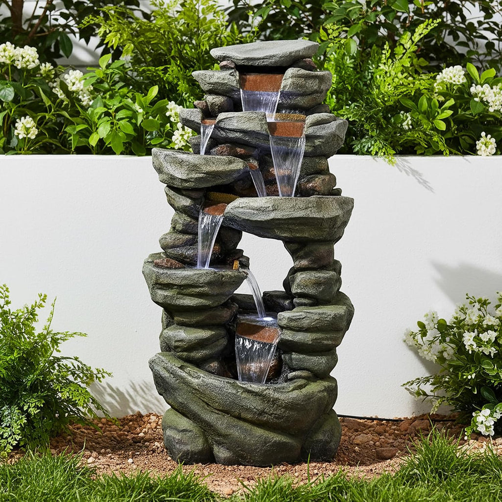 Naturefalls 60' High Outdoor Rock Water Fountain with LED Lights - Mutil-Tiers Poly-Resin Cascading Waterfall Fountain for Garden, Patio, Yard, Home Decor