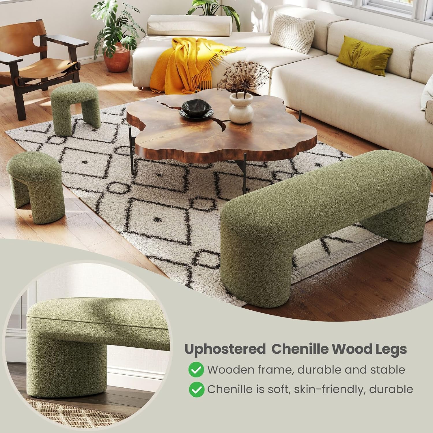 3-Piece Nesting Ottoman Bench Set，53' Long Upholstered End of Bed Bench with 2 15' Foot Stools Chenille Modern Arched Bench Comfy Entry Bench Vanity Stools for Living Room Bedroom, Green