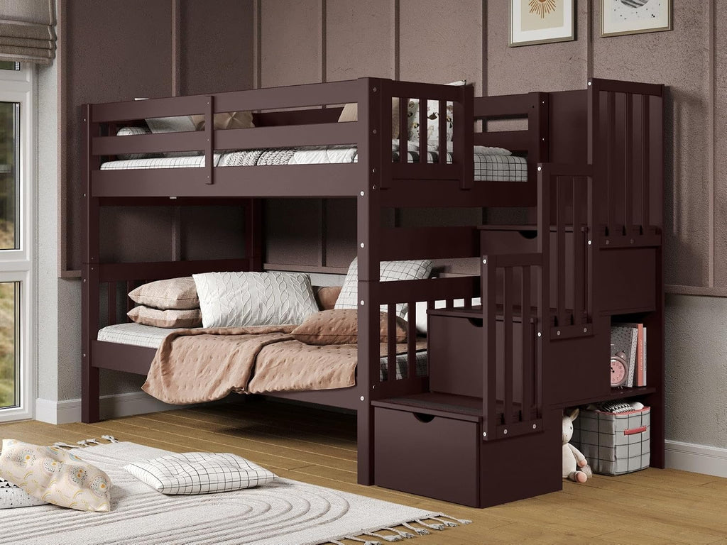Bedz King Stairway Bunk Beds Twin Over Twin, 3 Step Drawers, Dark Cherry