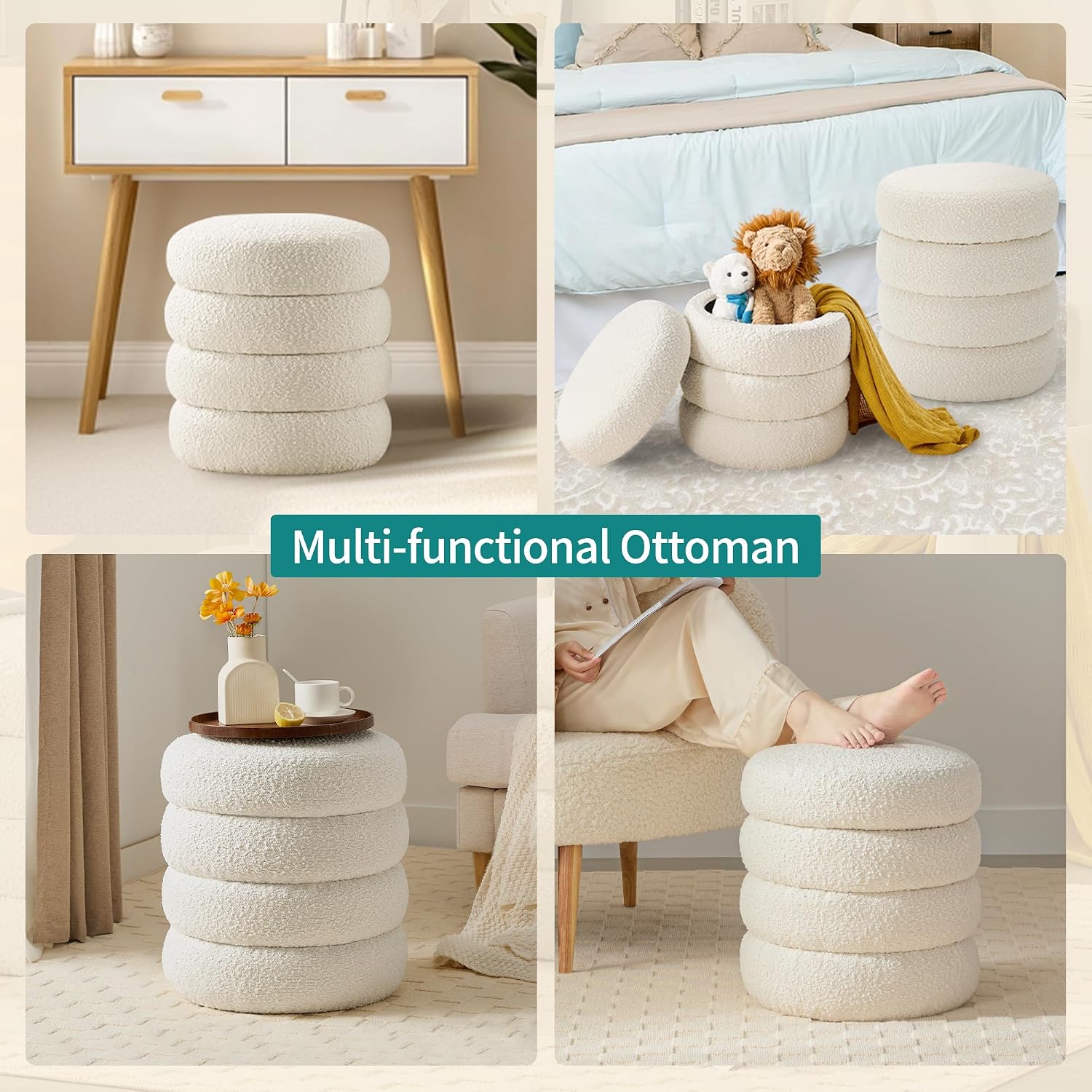 Busaurus Round Ottoman with Storage for Living Room Small Boucle Foot Stool Modern Upholstered Vanity Stool Ottoman Foot Rest for Dorm Corner Home Decor, Set of 2 (White)