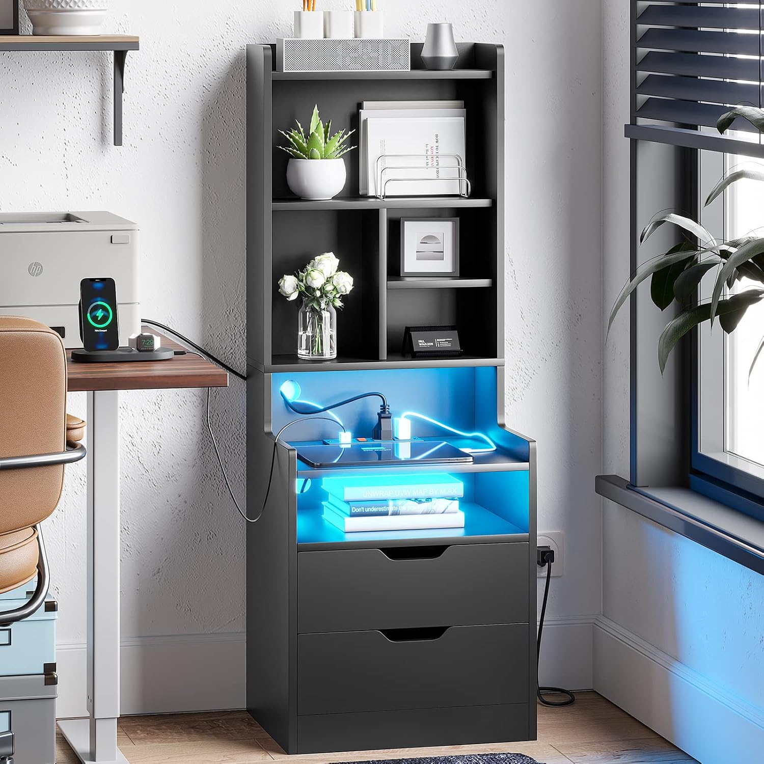 ADORNEVE Charging Nightstand Set of 2 with LED Lights,Tall Night Stand with Bookshelf,Bedside Table with Drawers,Black Side Tables Bedroom