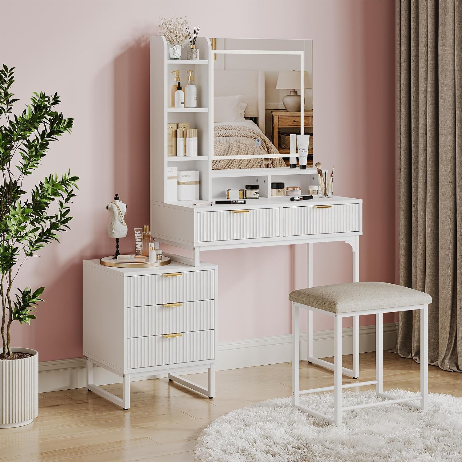 Makeup Vanity Desk with Mirror and Lights, Vanity Table Set with 3 Adjustable Lighting Colors, Dressing Table With 5 Large Drawers and Cushioned Stool, White Bedroom Vanity for Girls Women, White