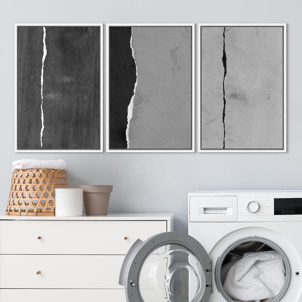 SIGNLEADER Framed Canvas Print Wall Art Set Black and White Torn Minimalist Grunge Illustrations Minimal Decorative Bohemian Nordic for Living Room, Bedroom, Office - 16'x24'x3 WHITE